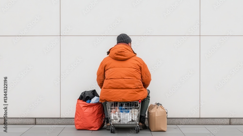 Fototapeta premium A Solitary Figure: A person sits on a cart with belongings near the wall, captured from a rear perspective, conveys isolation and the challenges of homelessness.