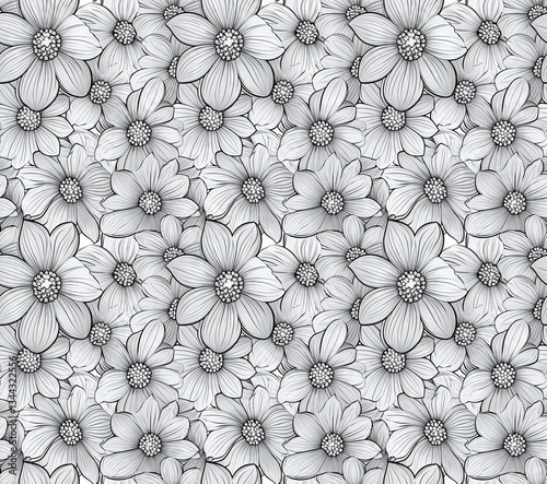 Symmetrical Daisies in Black and White, Intricate Geometric Pattern for Coloring Books
