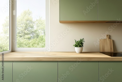 Modern Sage Green Kitchen Countertop with Wooden Accents and Window View