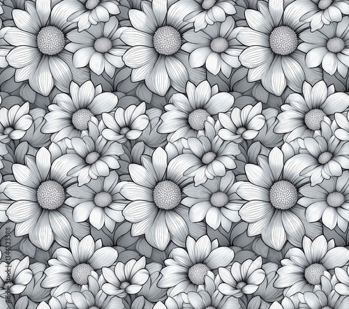 Symmetrical Daisies in Black and White, Intricate Geometric Pattern for Coloring Books