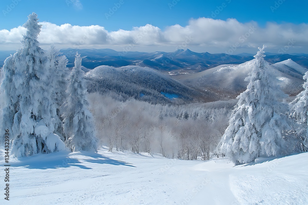 Fototapeta premium Snowy Mountain Landscape with Trees and Overlook on a Sunny Day