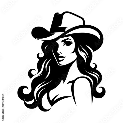 A vector silhouette of a cowgirl wearing a cowboy hat, isolated on a white background.