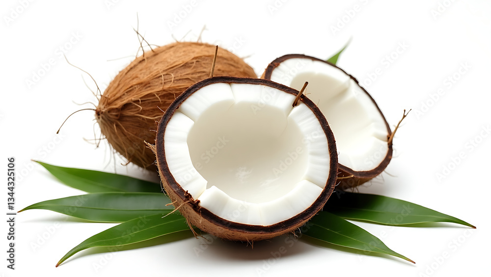 half and whole of coconut with leaves isolated on white background Freshly Cut Coconuts with Tropical Leaves Close-up of two halves of a coconut, showcasing the white, creamy flesh. half and whole of coconut with leaves isolated on white background Freshly Cut Coconuts with Tropical Leaves Close-up of two halves of a coconut, showcasing the white, creamy flesh.