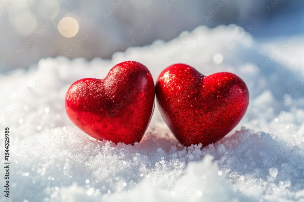 Fototapeta premium Romantic Valentine's Day Macro Shot: Two Red Hearts on Snowy White Background