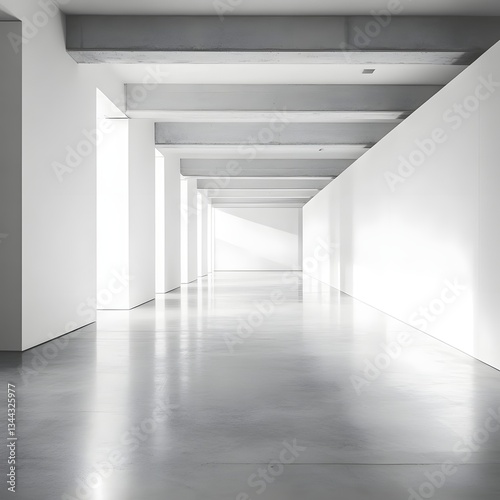 Minimalist white gallery interior with concrete floors