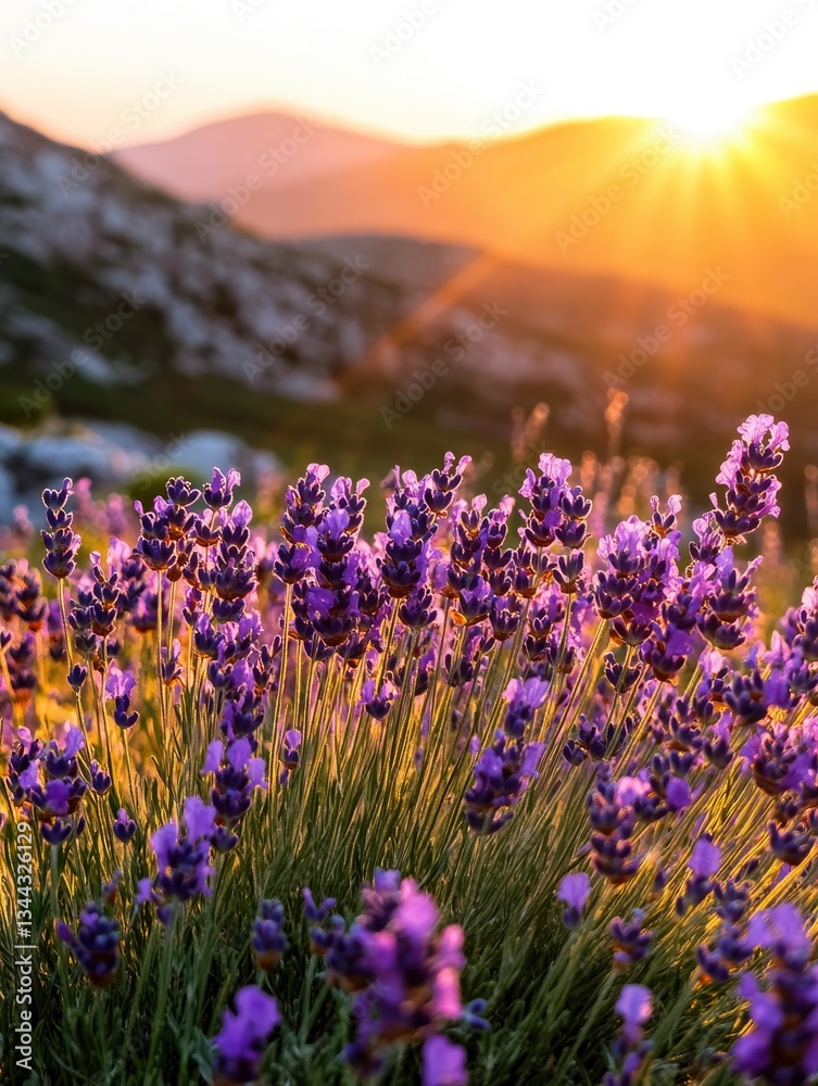 Fototapeta premium A breathtaking close-up of a wild lavender meadow in the Spanish Sierra de Guadarrama mountains at sunset