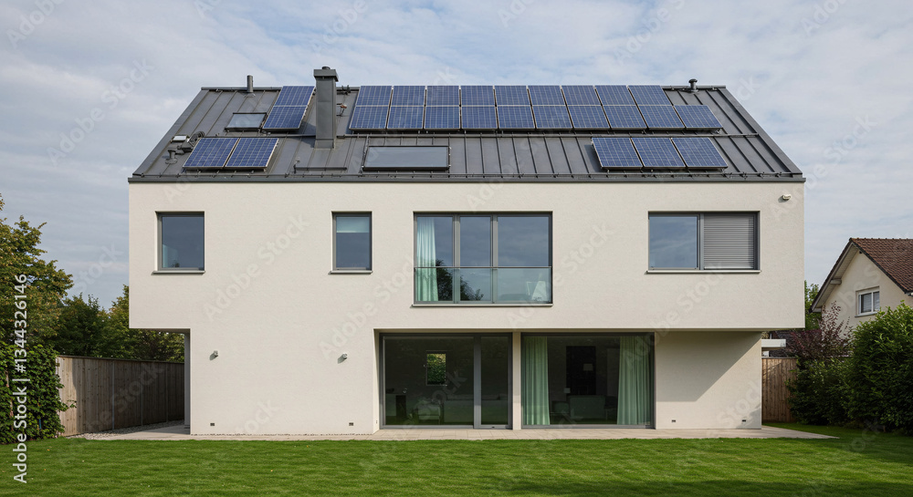 Modern White House with Solar Panels on Roof and Green Lawn in Daylight Modern White House with Solar Panels on Roof and Green Lawn in Daylight