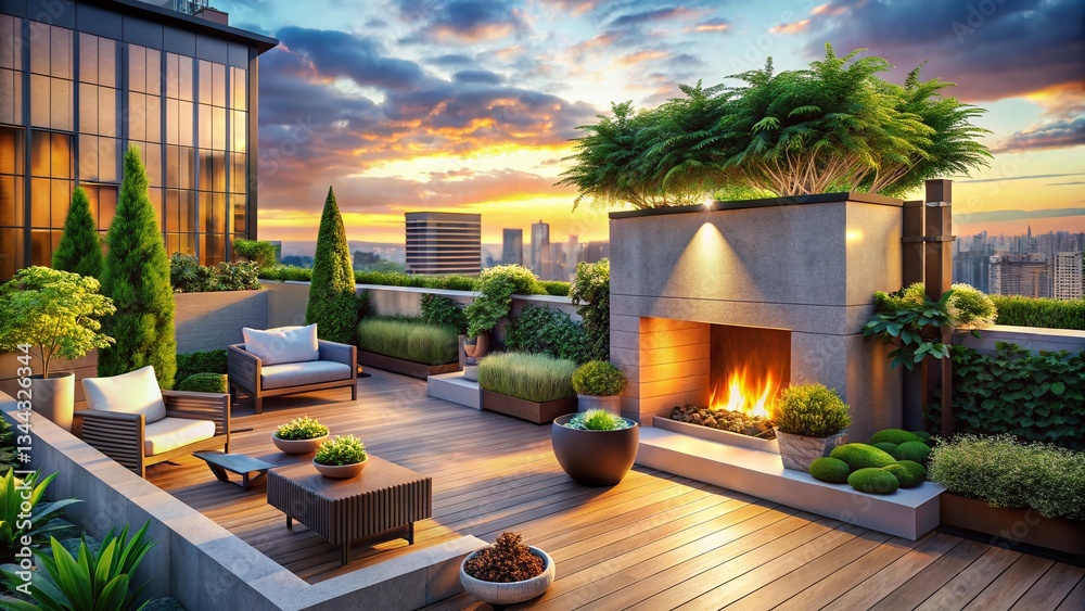 Obraz premium Rooftop Terrace Urban Retreat: Geometric Facade, Fireplace, & Lush Greenery