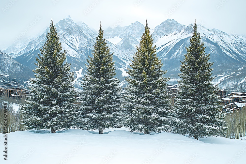 Fototapeta premium Snowy Pine Trees with Mountain Backdrop During Winter Season