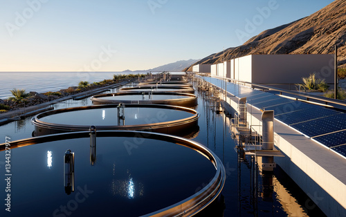 Sustainable desalination plant converting seawater into freshwater with solar panels providing renewable energy and innovation