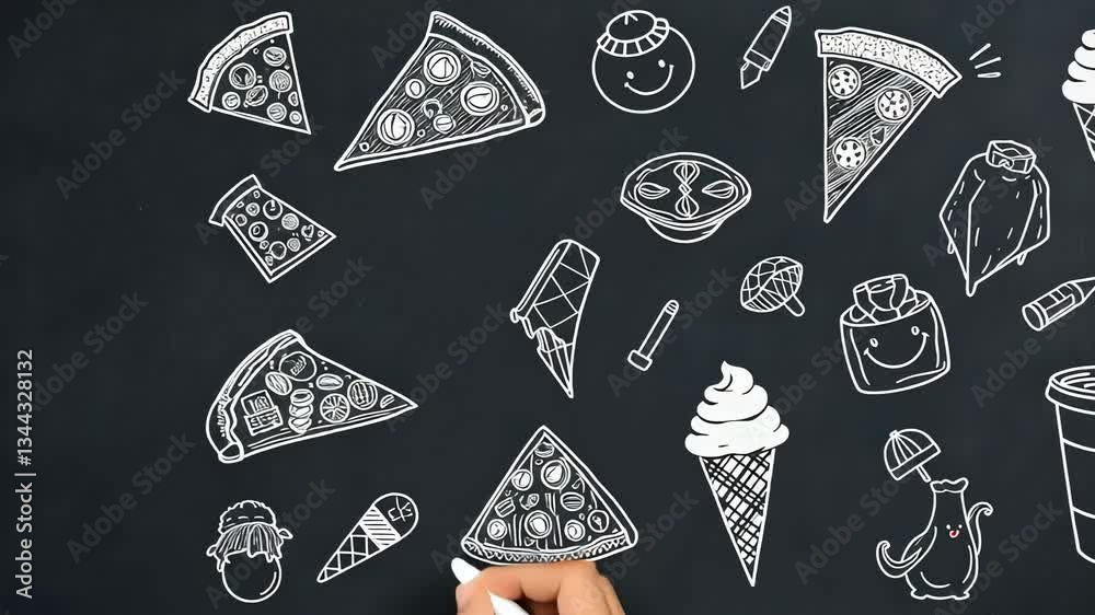 White Chalk Drawings of Pizza Ice Cream and Drinks on Dark Background