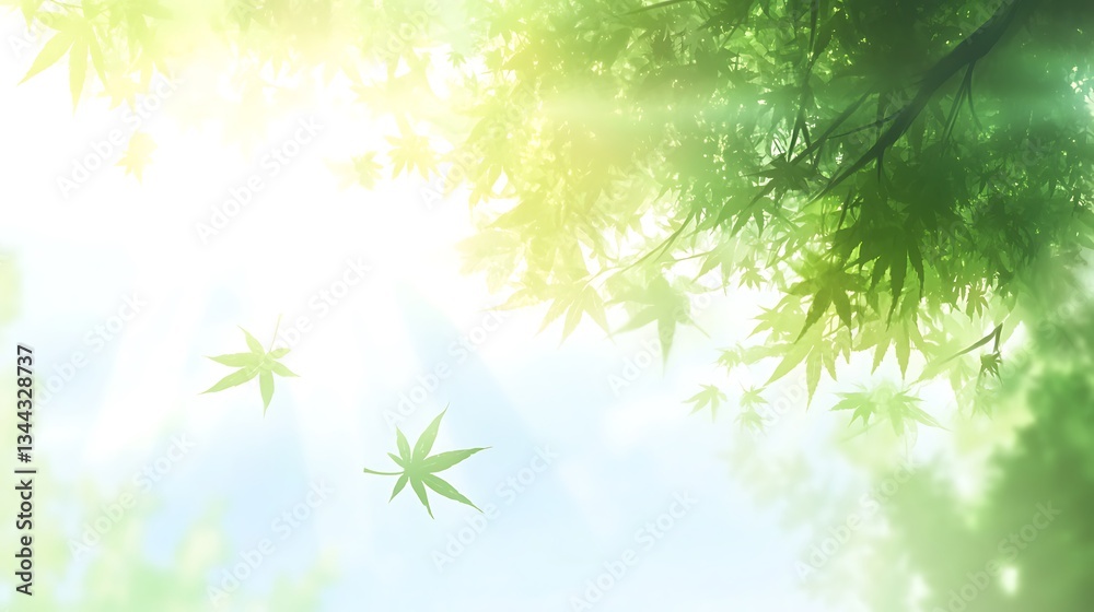 Sun rays through treetops with falling leaves Sun rays through treetops with falling leaves