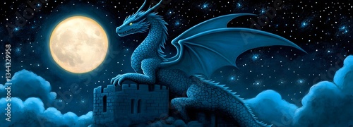A majestic dragon with shimmering scales resting atop an ancient castle, moonlight illuminating its wings