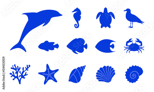 A collection of blue silhouettes of sea creatures, including dolphin, fish, seahorse and starfish, turtle, crab, shells, seagull and coral. These simple yet elegant vector icons are perfect for marine