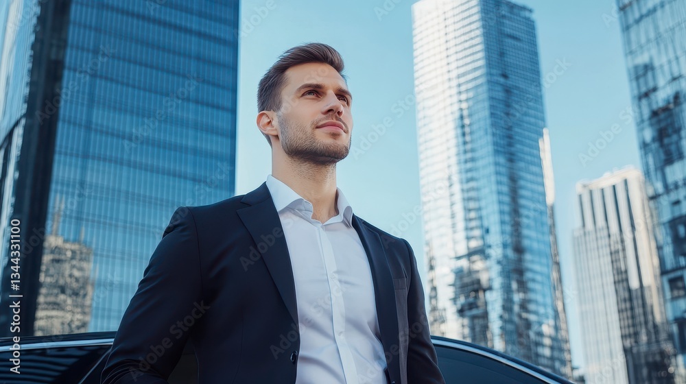 Ambition and urban Landscape: A confident business professional in a suit, gazing thoughtfully towards the future against a backdrop of modern skyscrapers. Ambition and urban Landscape: A confident business professional in a suit, gazing thoughtfully towards the future against a backdrop of modern skyscrapers.