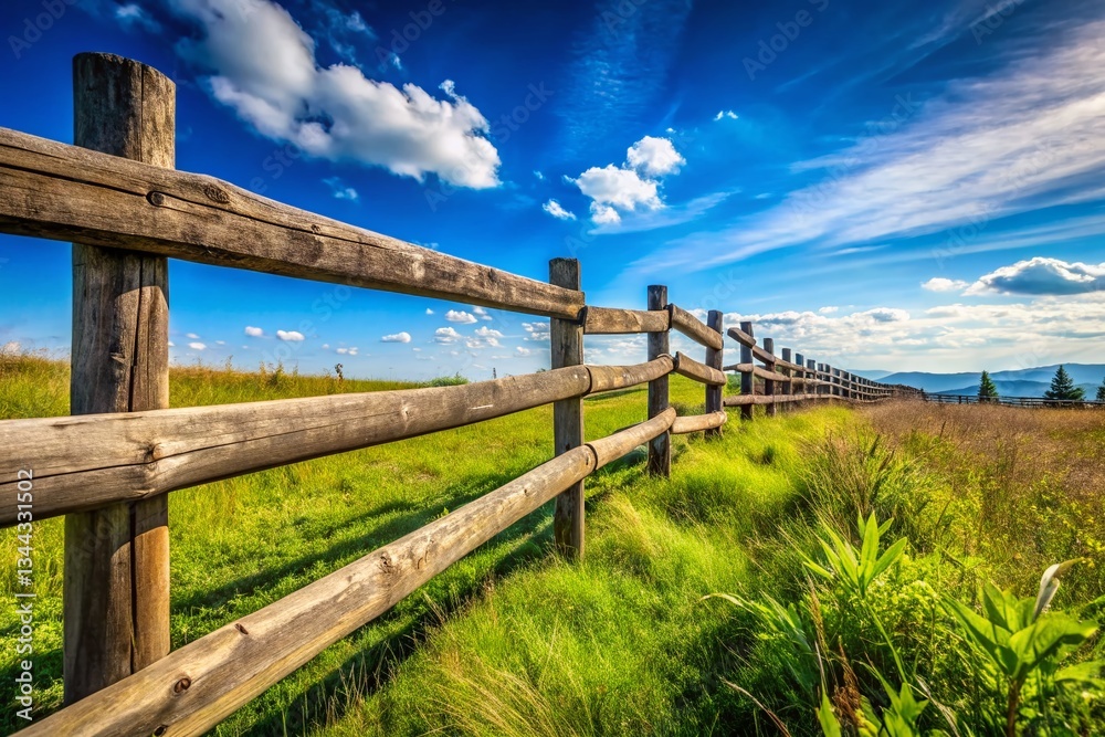 Obraz premium Rustic Wooden Fence Against Vibrant Blue Sky - Copy Space for Text