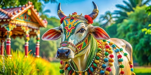 Sacred Cow Decorated with Garlands and Patterns - Indian Festive Landscape Photography