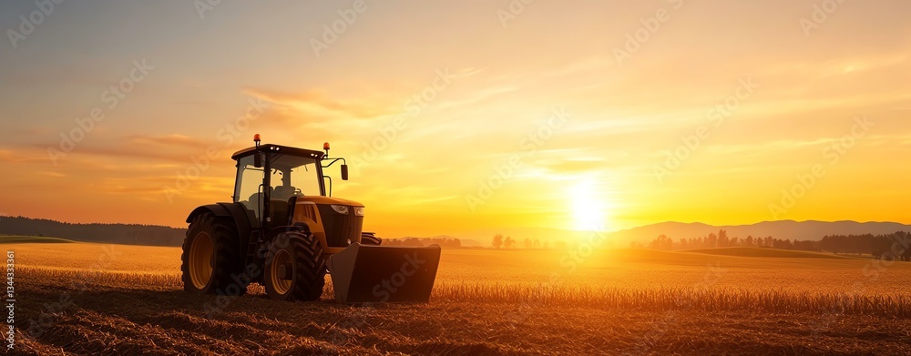 Fototapeta premium A serene sunset view of a tractor working in a golden field, capturing the essence of agriculture and farming in the twilight hours.