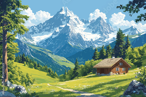 Vector illustration of a peaceful alpine landscape featuring a rustic wooden cabin, lush green meadows, and majestic snow-capped mountains