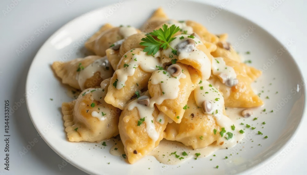 Delicious plate of savory dumplings, topped with creamy mushroom sauce Delicious plate of savory dumplings, topped with creamy mushroom sauce