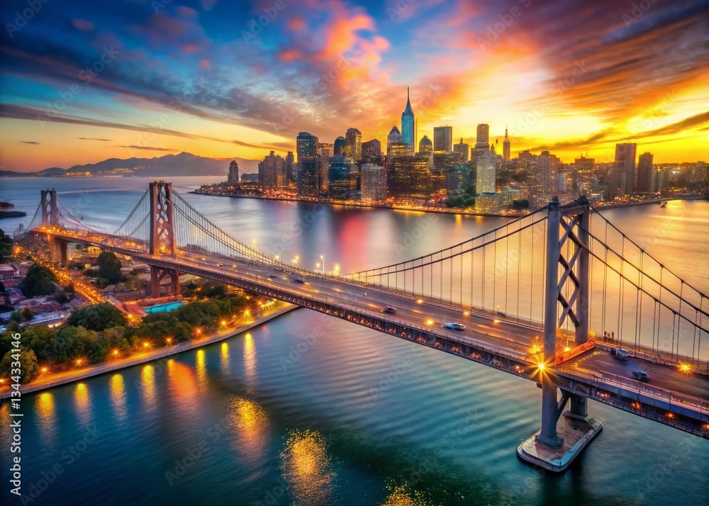 Fototapeta premium San Francisco Bay Bridge Aerial Drone Shot: Embarcadero Cityscape & Bokeh