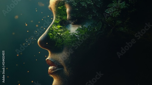 A portrait of a person with half of their face blending into nature.