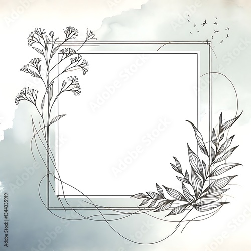 frame space for logo or text on watercolor background with birds flying around