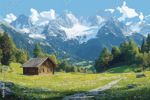 Vector illustration of a peaceful alpine landscape with a rustic wooden cabin, lush green meadows, a winding path, and majestic snow-capped mountains