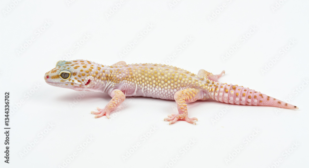 A leopard gecko with yellow and pink spots stands on a white background. Its coloration pops in contrast to the clean backdrop. A leopard gecko with yellow and pink spots stands on a white background. Its coloration pops in contrast to the clean backdrop.