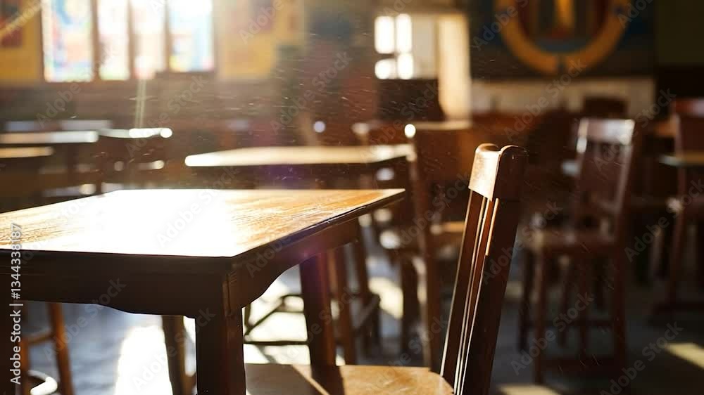 Sunlit wooden tables and chairs in a historical church hall