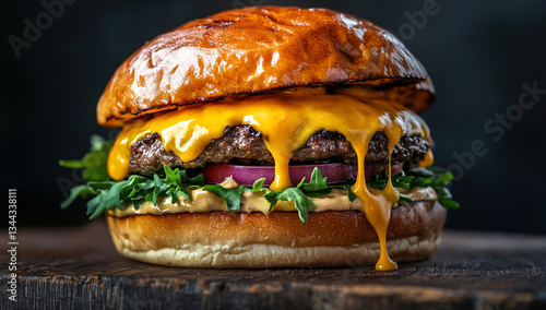 A giant cheeseburger with dripping yellow sauce on a dark background.