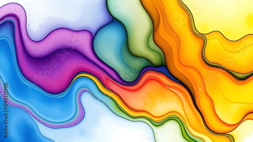 vibrant and colorful abstract painting with wavy lines on white background