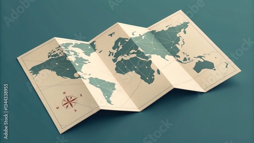 Folded world map, paper texture, vintage style, green background, cartography, global exploration, compass rose, 3D effect