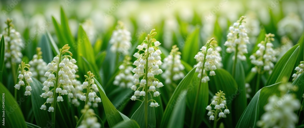 Close-up panoramic view of lily-of-the-valley flowers, delicate white bells among deep green leaves, soft sunlight, natural texture, serene floral landscape, peaceful springtime beauty