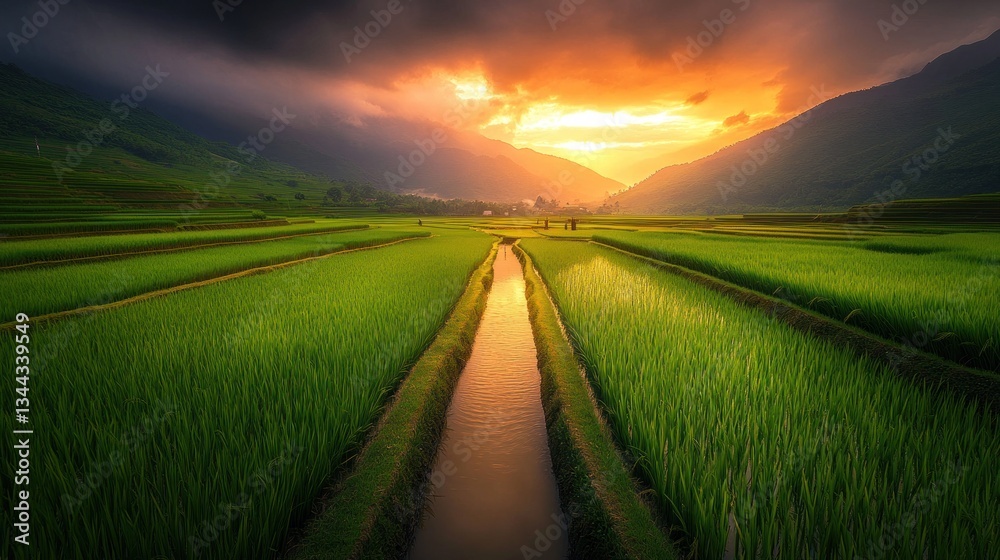 Fototapeta premium Stunning sunset over rice paddies; tranquil canal; distant village