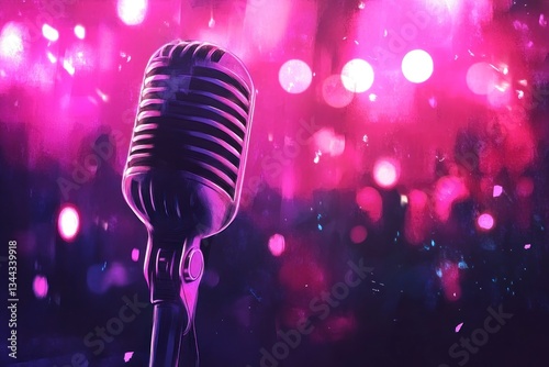 Retro microphone on stage with pink lights.