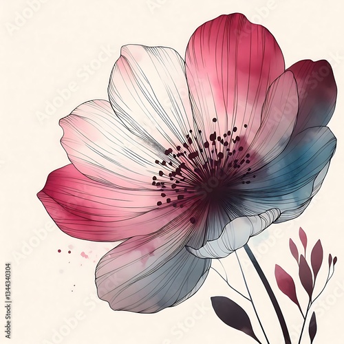 painting of pink and blue flower on white background