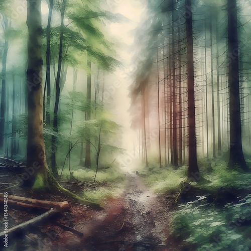 path winding through lush green forest