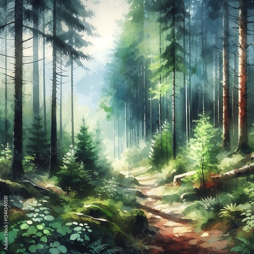 painting of path winding through lush green forest