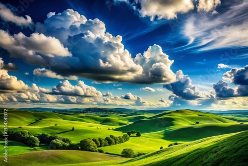 Serene Green Hills Silhouette: Peaceful Landscape Under Blue Sky with Fluffy Clouds