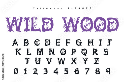 Halloween font mystery type, horror alphabet typeface vector typography set with spooky holiday monsters silhouettes. Spooky alphabet letters and numbers with Halloween pumpkin, bats, ghosts, zombie