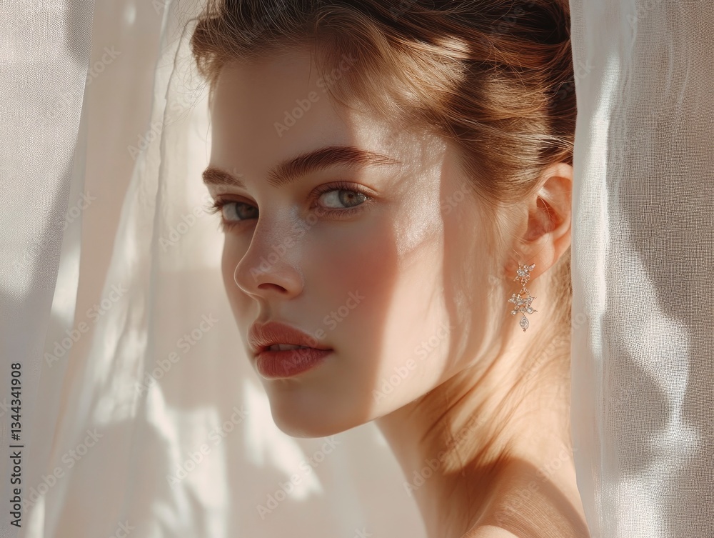 A graceful, intimate portrait of a woman with delicate features, showcasing dainty rose gold earrings A graceful, intimate portrait of a woman with delicate features, showcasing dainty rose gold earrings