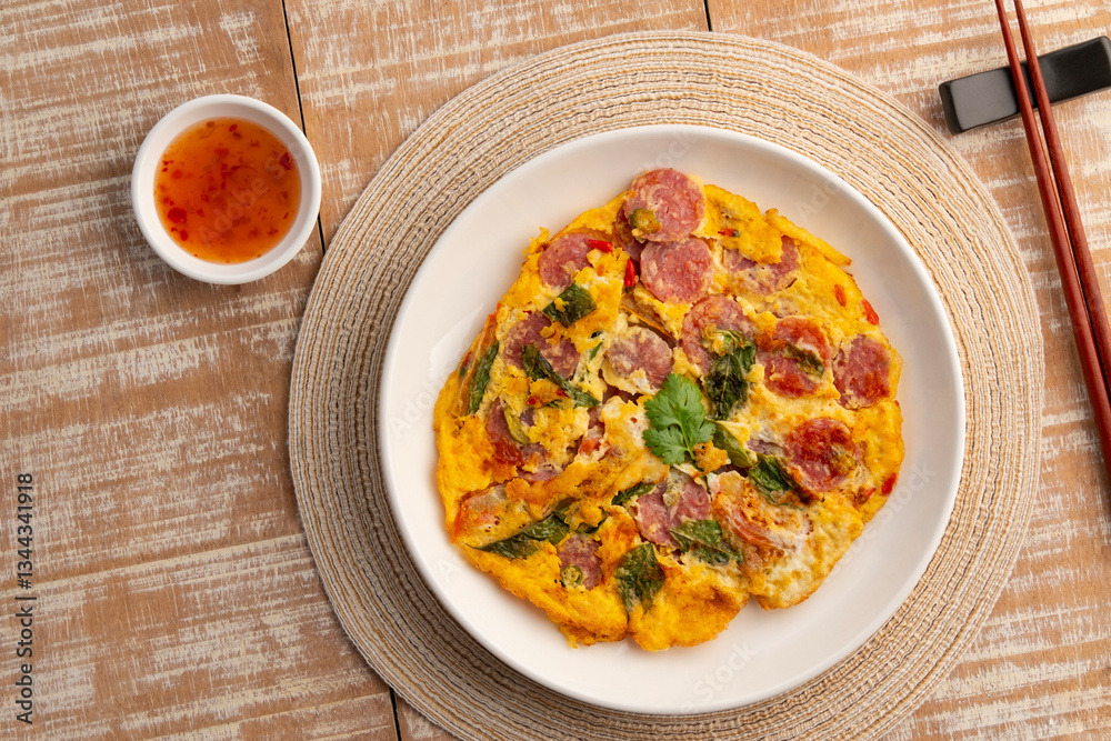 Fermented Pork Omelet, Thai Omelette with Fermented sour pork in white plate.Top view. Fermented Pork Omelet, Thai Omelette with Fermented sour pork in white plate.Top view.