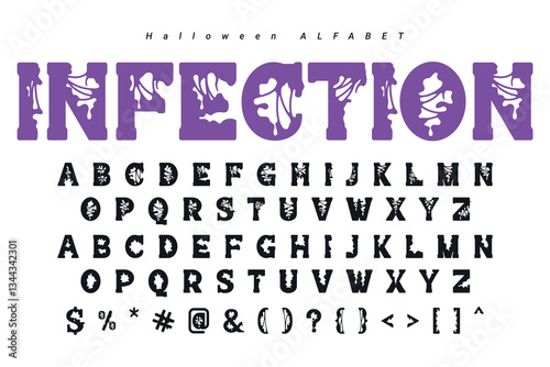 Halloween font mystery type, horror alphabet typeface vector typography set with spooky holiday monsters silhouettes. Spooky alphabet letters and numbers with Halloween pumpkin, bats, ghosts, zombie