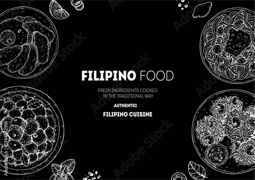 Filipino food top view vector illustration. Food menu design template. Hand drawn sketch. Filipino food menu. Vintage style.