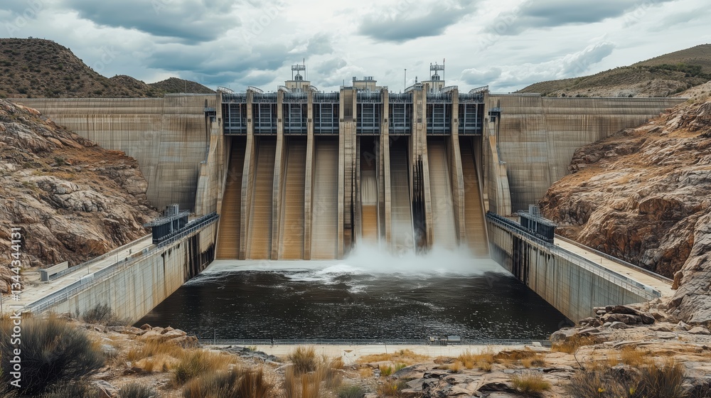 Massive concrete dam with powerful spillways releasing water. Hydroelectric power plant with gushing water in mountainous landscape Massive concrete dam with powerful spillways releasing water. Hydroelectric power plant with gushing water in mountainous landscape
