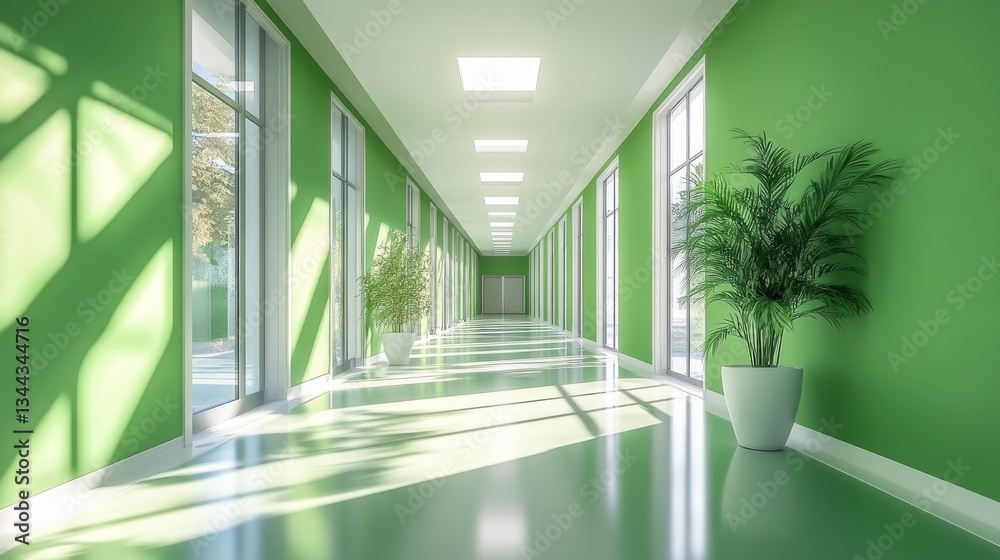 Fototapeta premium A bright hallway with green walls, large windows and decorative plants, perfect as a backdrop for interior design and corporate presentations.