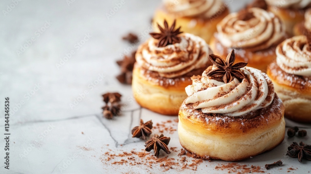 Yummy caramel cinnamon buns decorated with cream and star anise, perfect for cooking recipes and baking ads. Yummy caramel cinnamon buns decorated with cream and star anise, perfect for cooking recipes and baking ads.
