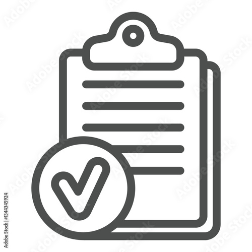 Clipboard with notes and approval emblem line icon, clinical research concept. Vector graphics. List checkmark bubble sign on white background, outline style icon for mobile or web design.