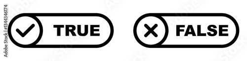 True false labels. Green check says true. Red x says false. Agree disagree choice. Right wrong mark. Quiz answer symbol. Test result icons.